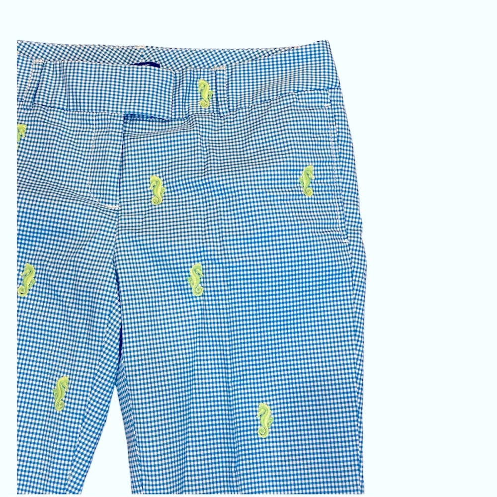 J.Crew Blue White Gingham Lime Green Embroidered Seahorse Pants Lightweight 8 - Picture 2 of 8